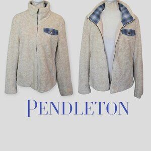 Pendleton Women's Beige Fuzzy Zip Sweater  Wool Jacket Mock Collar Sherpa Mediu